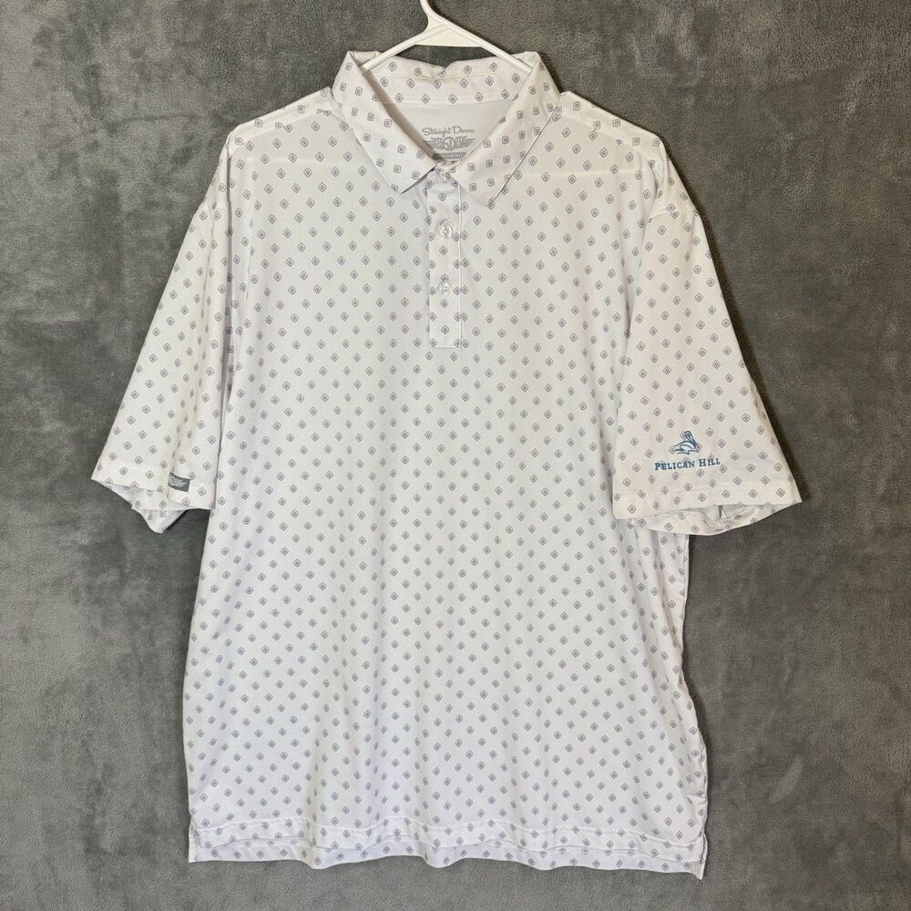 Straight Down Pelican Hill Golf Polo Shirt Mens XXL White Blue Geo Stretch Poly